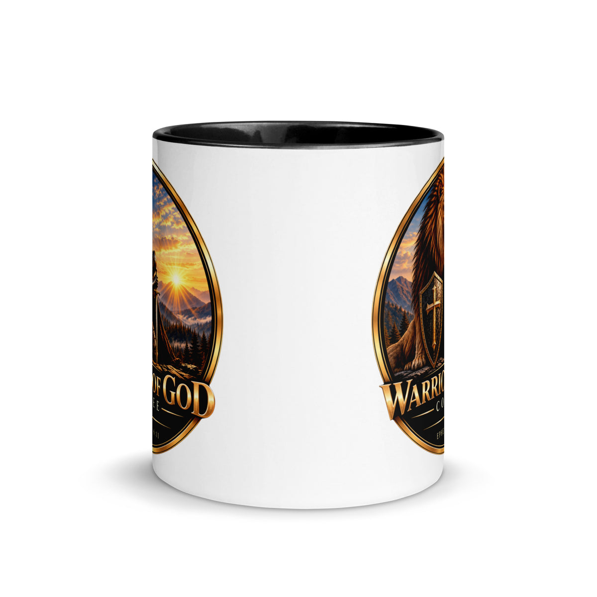 Two-Tone Warrior Mug by Warrior of God Coffee with the lion and knight crest