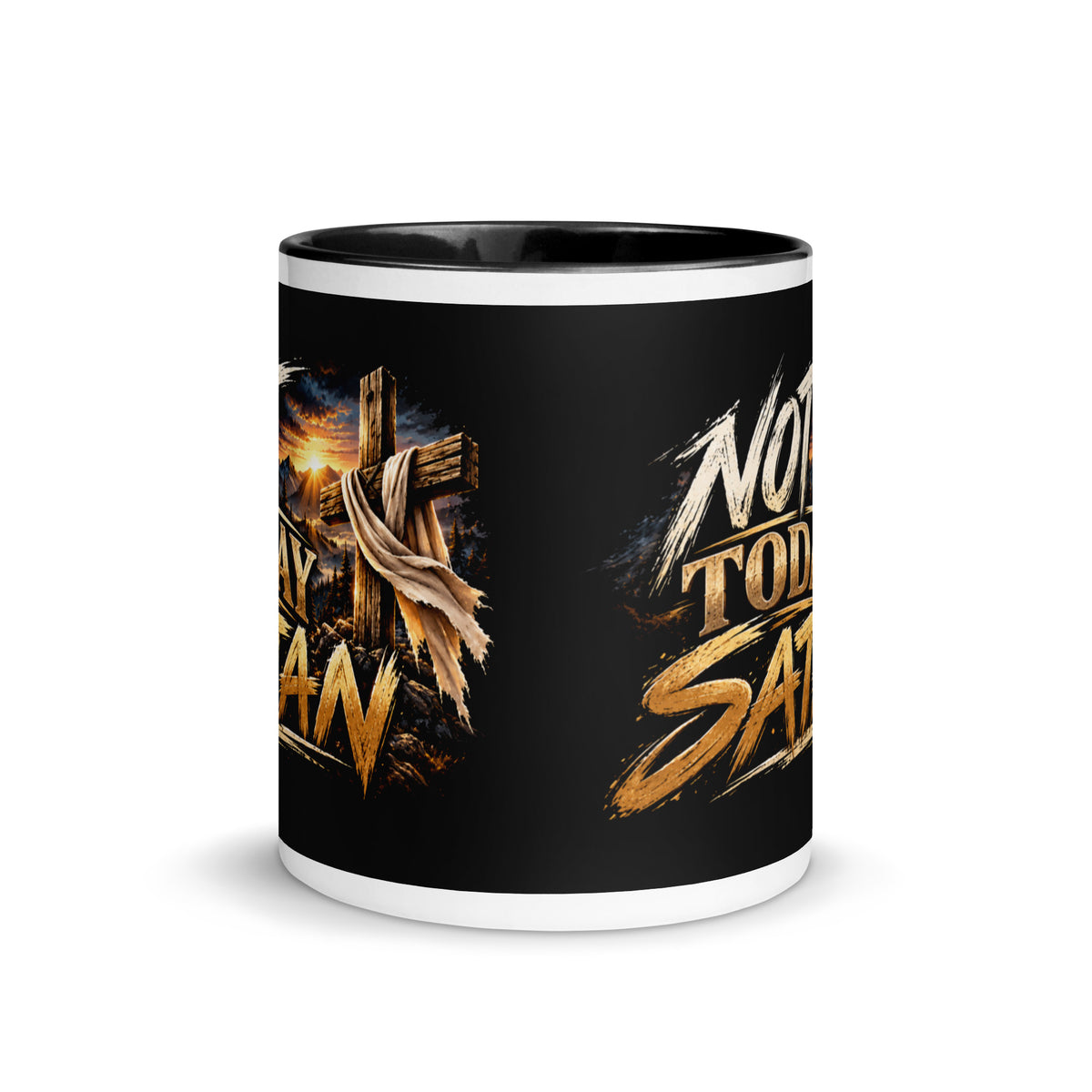 Not Today Satan Two-Tone Mug – Brothers, front view with black rim