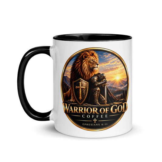 Two-Tone Warrior Mug by Warrior of God Coffee with the lion and knight crest
