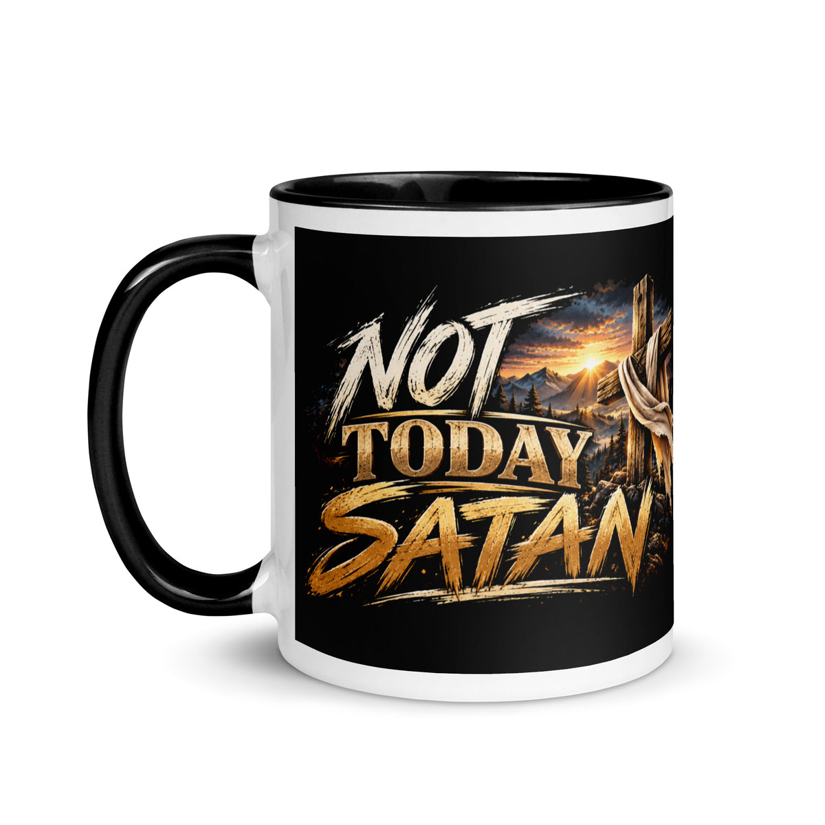 Not Today Satan Two-Tone Mug – Brothers, other side with the same Not Today Satan cross design