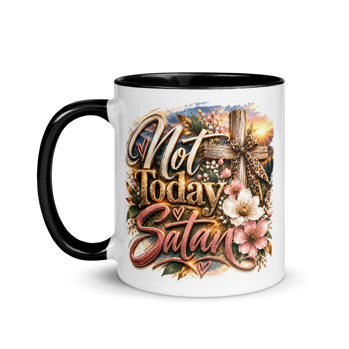 Not Today Satan Two-Tone Mug – Sisters, other side with the same floral cross design
