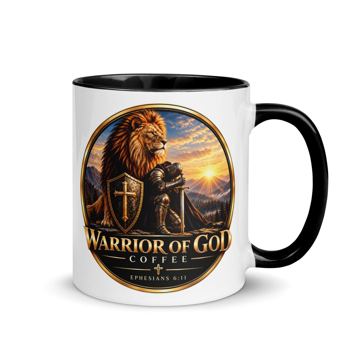 Two-Tone Warrior Mug by Warrior of God Coffee with the lion and knight crest