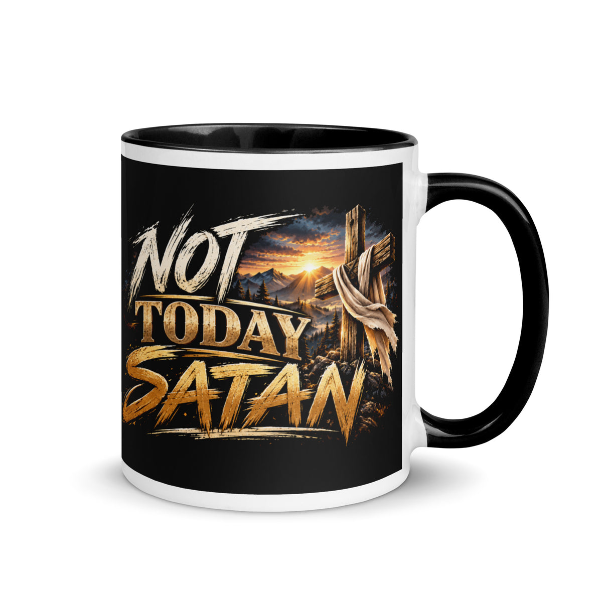 Not Today Satan Two-Tone Mug – Brothers, black mug with gold Not Today Satan lettering and rugged cross, black handle and inside