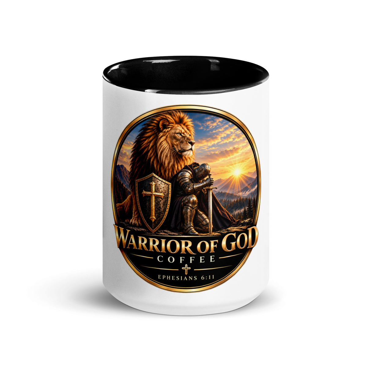Two-Tone Warrior Mug by Warrior of God Coffee with the lion and knight crest