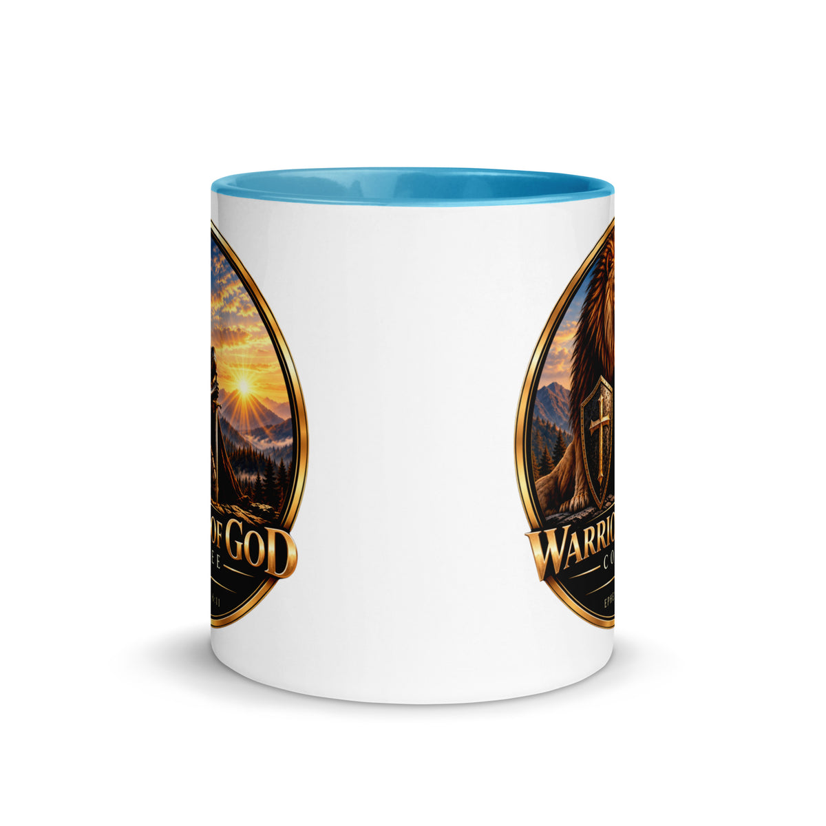 Two-Tone Warrior Mug by Warrior of God Coffee with the lion and knight crest