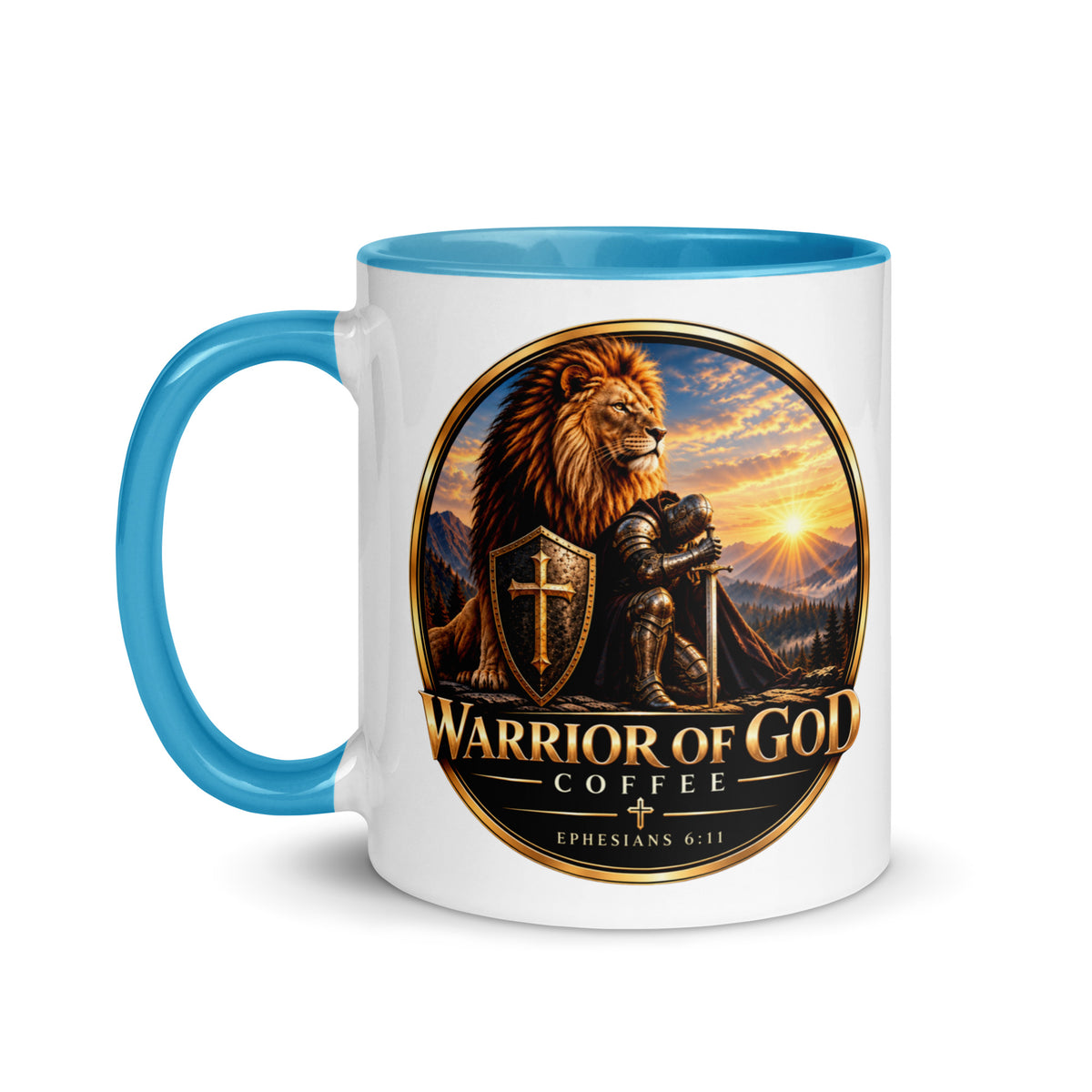 Two-Tone Warrior Mug by Warrior of God Coffee with the lion and knight crest