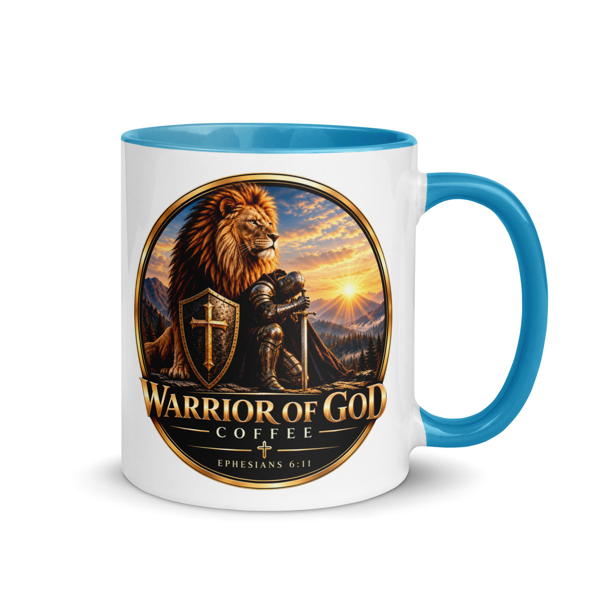 Two-Tone Warrior Mug by Warrior of God Coffee with the lion and knight crest