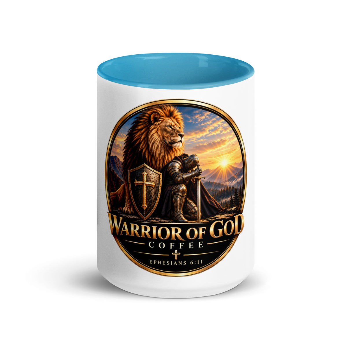 Two-Tone Warrior Mug by Warrior of God Coffee with the lion and knight crest