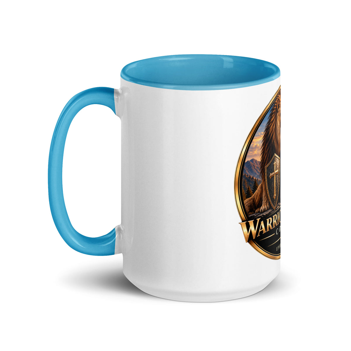 Two-Tone Warrior Mug by Warrior of God Coffee with the lion and knight crest