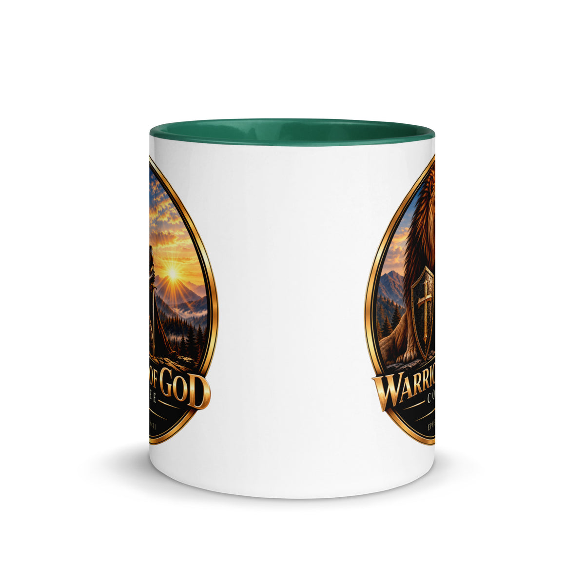 Two-Tone Warrior Mug by Warrior of God Coffee with the lion and knight crest