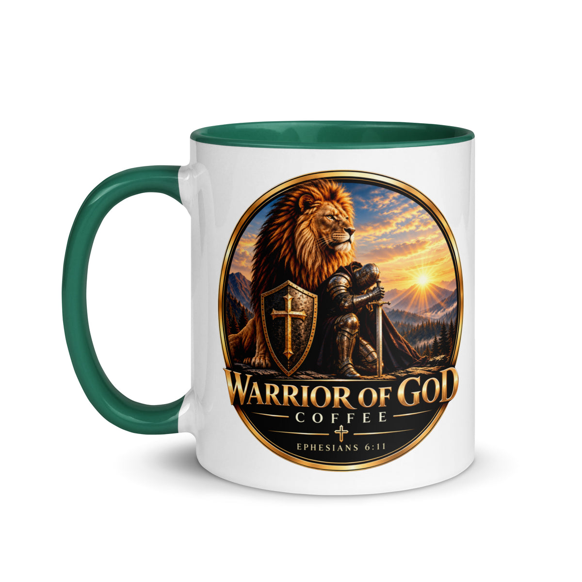 Two-Tone Warrior Mug by Warrior of God Coffee with the lion and knight crest