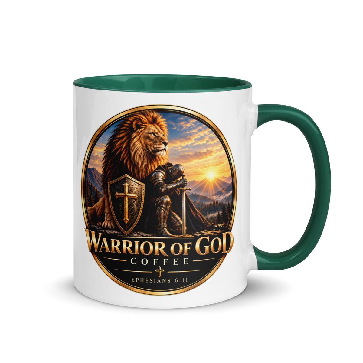 Two-Tone Warrior Mug by Warrior of God Coffee with the lion and knight crest