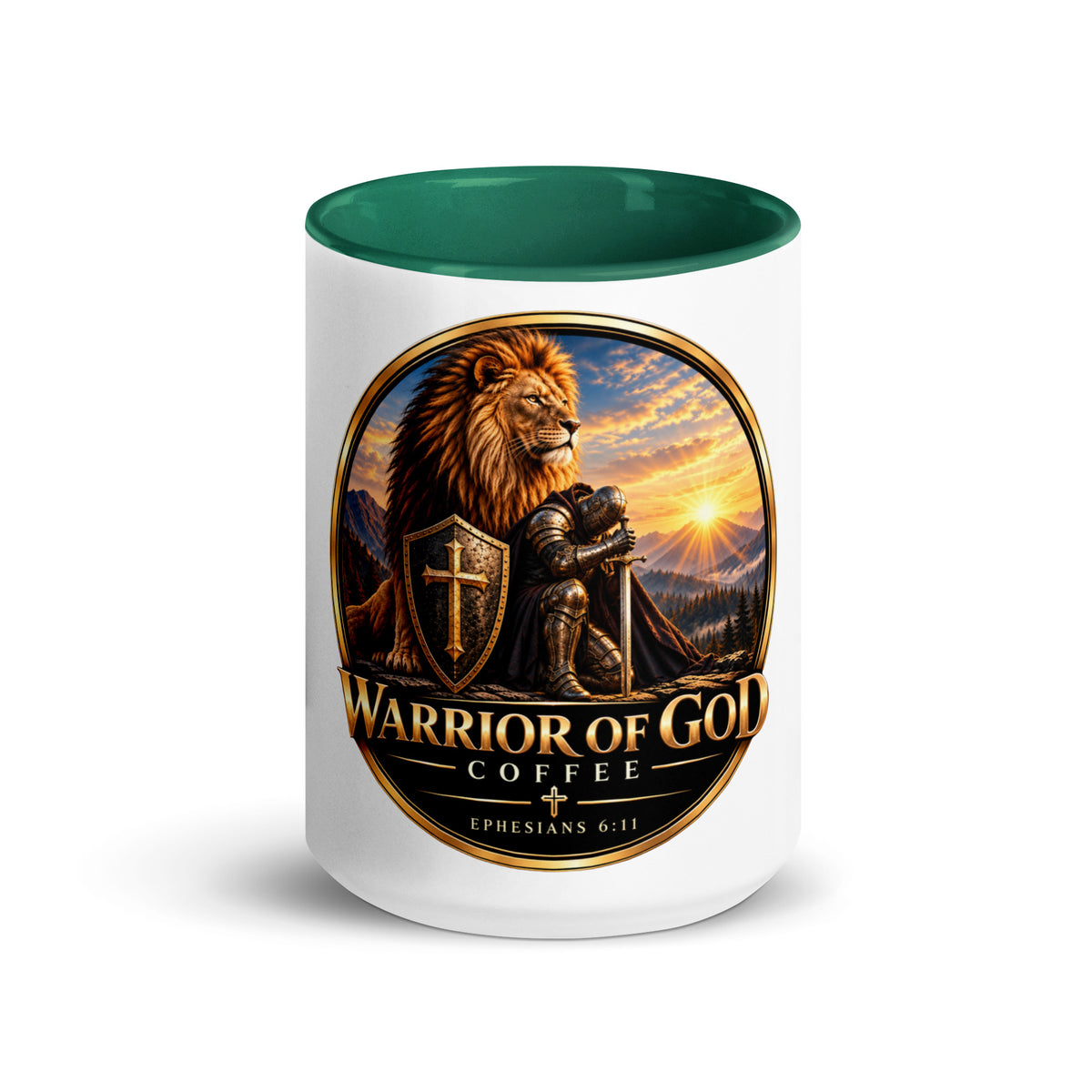 Two-Tone Warrior Mug by Warrior of God Coffee with the lion and knight crest