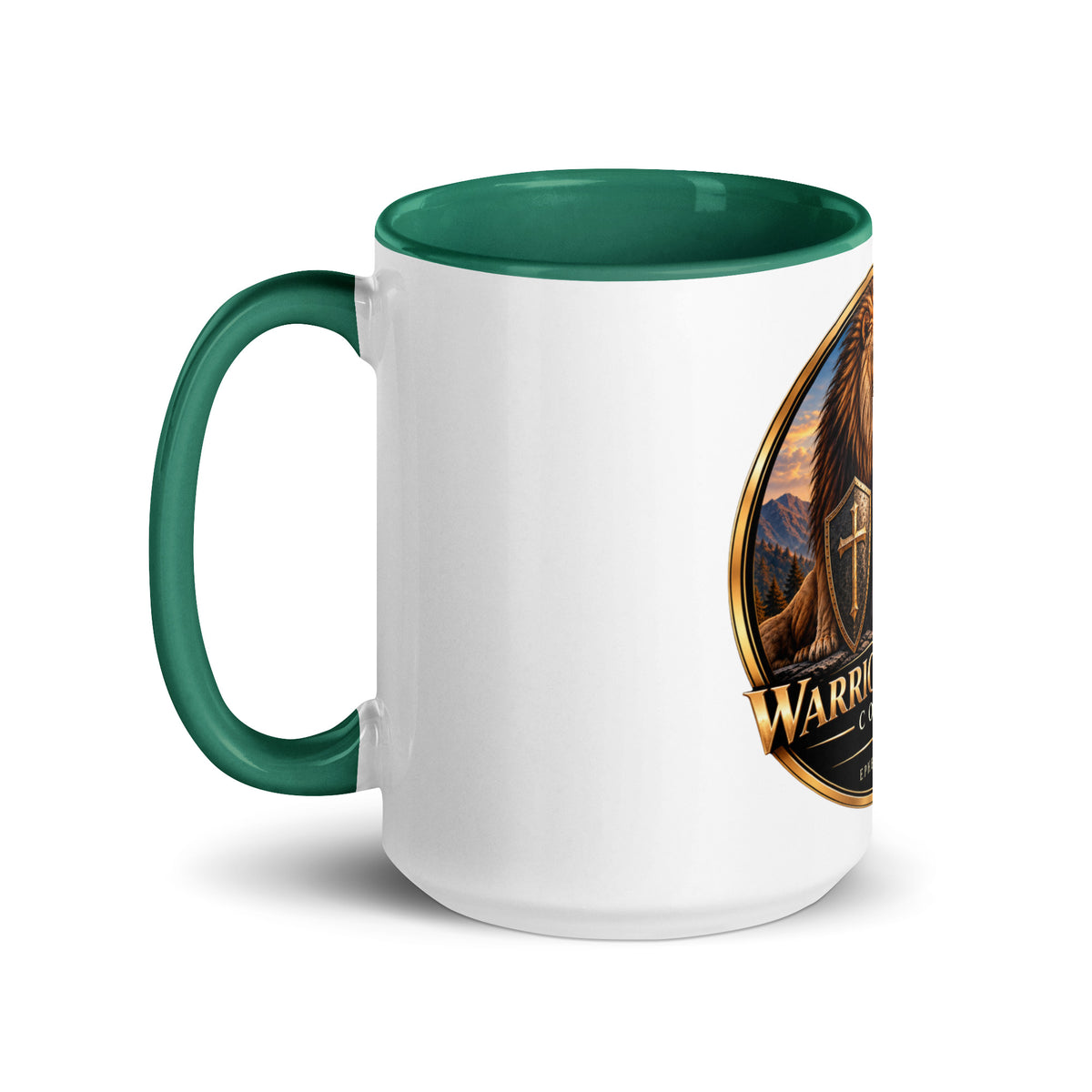 Two-Tone Warrior Mug by Warrior of God Coffee with the lion and knight crest