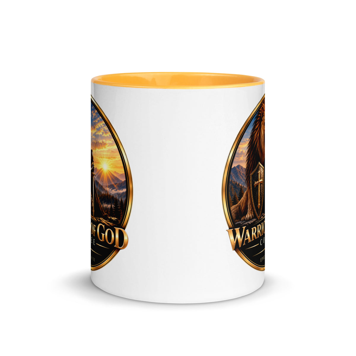 Two-Tone Warrior Mug by Warrior of God Coffee with the lion and knight crest