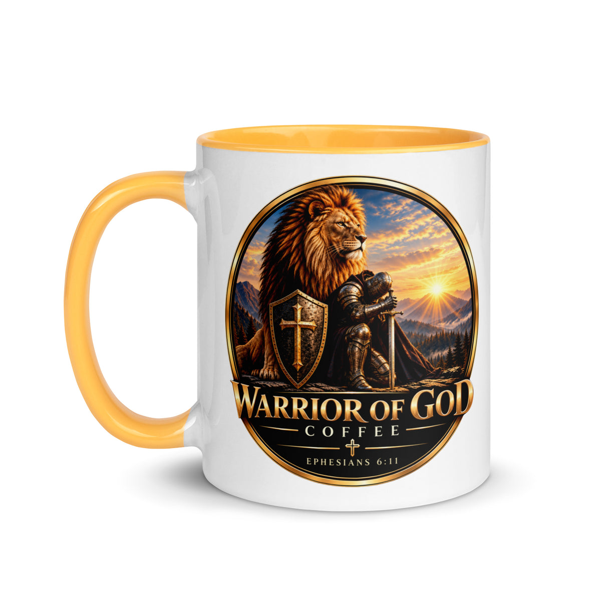 Two-Tone Warrior Mug by Warrior of God Coffee with the lion and knight crest