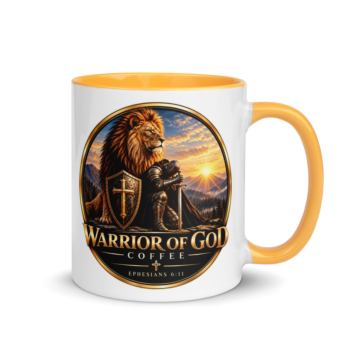 Two-Tone Warrior Mug by Warrior of God Coffee with the lion and knight crest