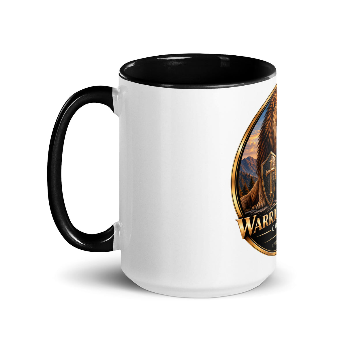 Two-Tone Warrior Mug by Warrior of God Coffee with the lion and knight crest