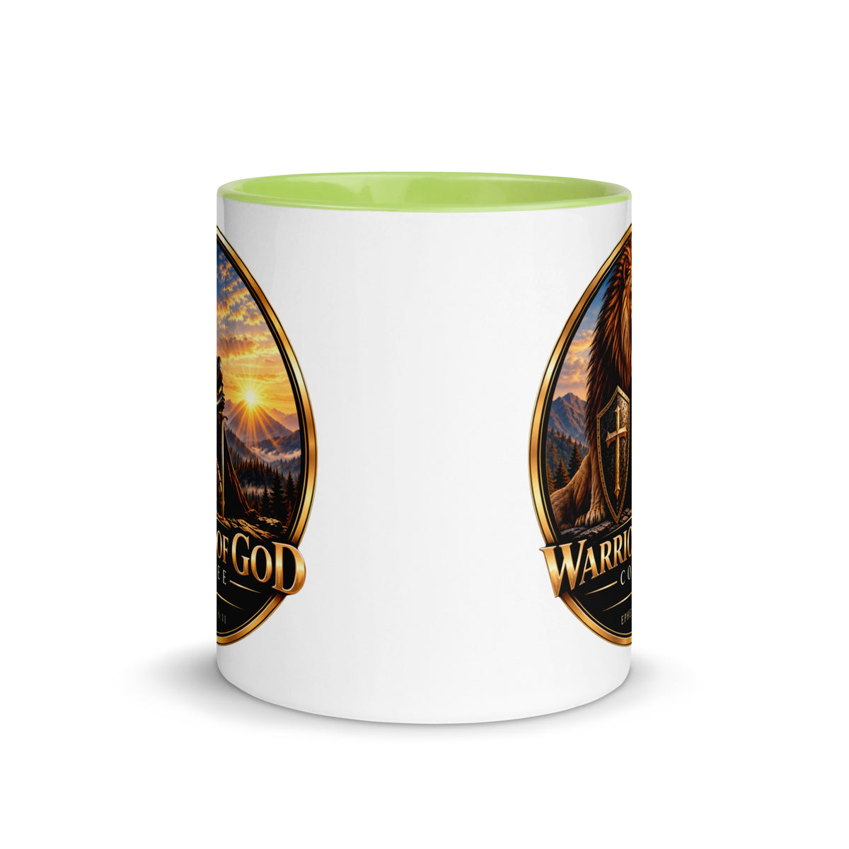 Two-Tone Warrior Mug by Warrior of God Coffee with the lion and knight crest