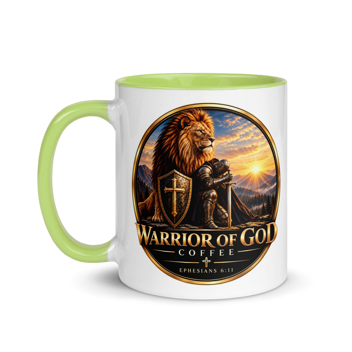 Two-Tone Warrior Mug by Warrior of God Coffee with the lion and knight crest