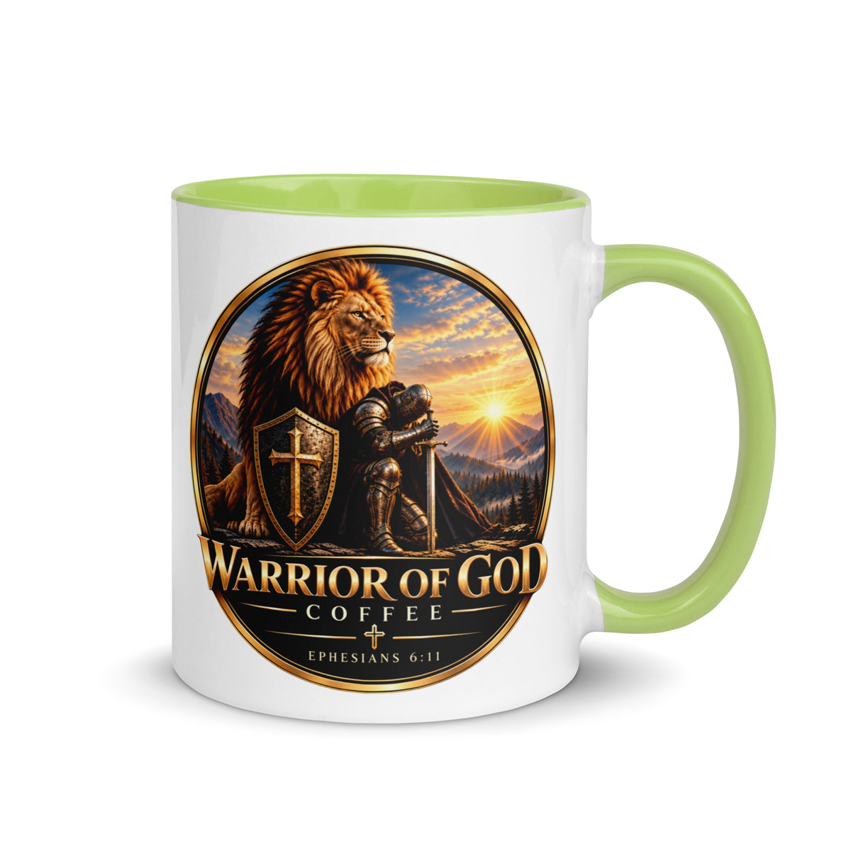 Two-Tone Warrior Mug by Warrior of God Coffee with the lion and knight crest