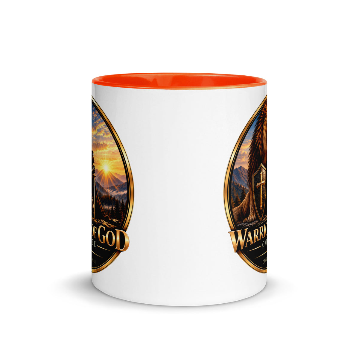 Two-Tone Warrior Mug by Warrior of God Coffee with the lion and knight crest