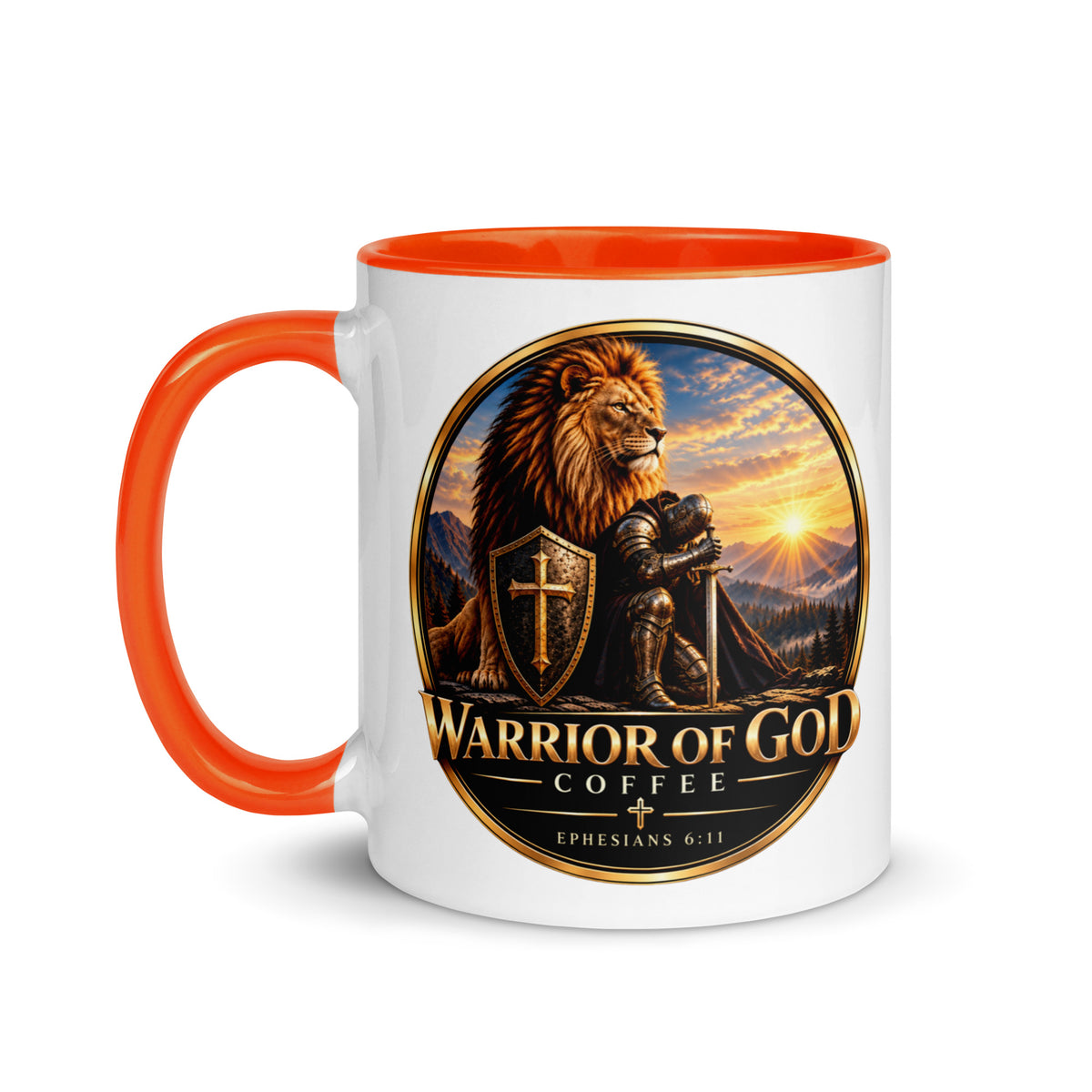 Two-Tone Warrior Mug by Warrior of God Coffee with the lion and knight crest