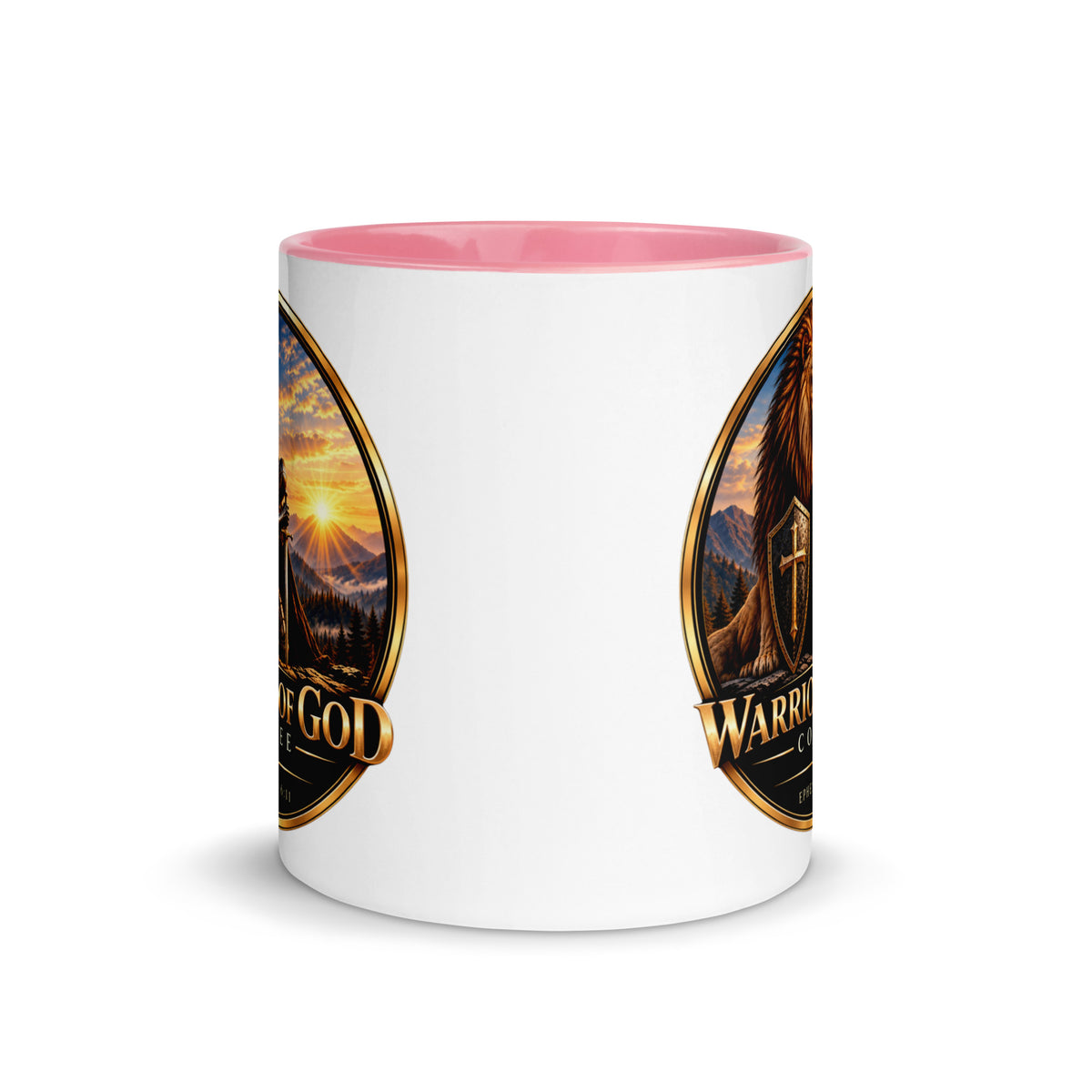 Two-Tone Warrior Mug by Warrior of God Coffee with the lion and knight crest