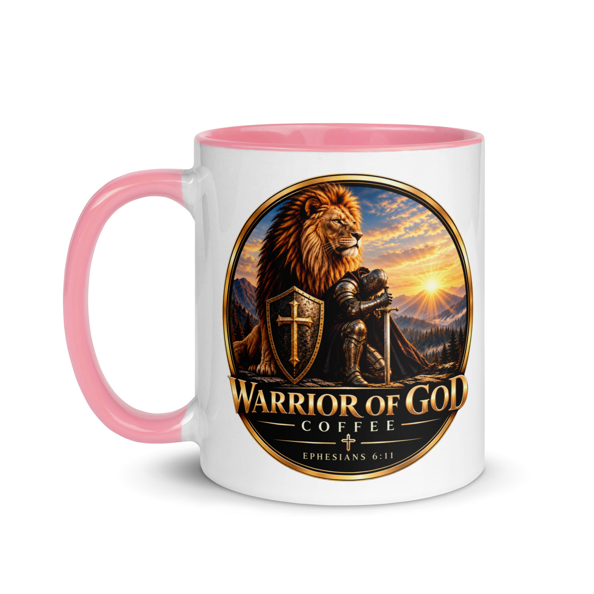 Two-Tone Warrior Mug by Warrior of God Coffee with the lion and knight crest