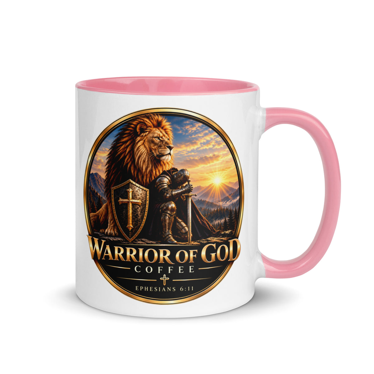 Two-Tone Warrior Mug by Warrior of God Coffee with the lion and knight crest