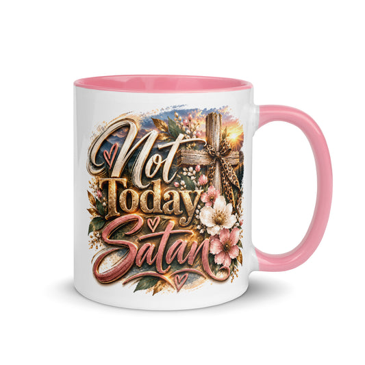 Not Today Satan Two-Tone Mug – Sisters, white mug with pink handle and inside, rose-gold Not Today Satan script, cross with leopard bow and pink flowers