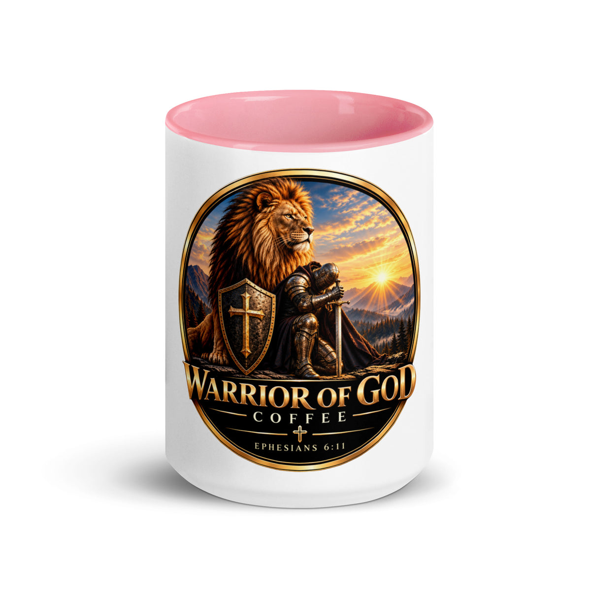 Two-Tone Warrior Mug by Warrior of God Coffee with the lion and knight crest