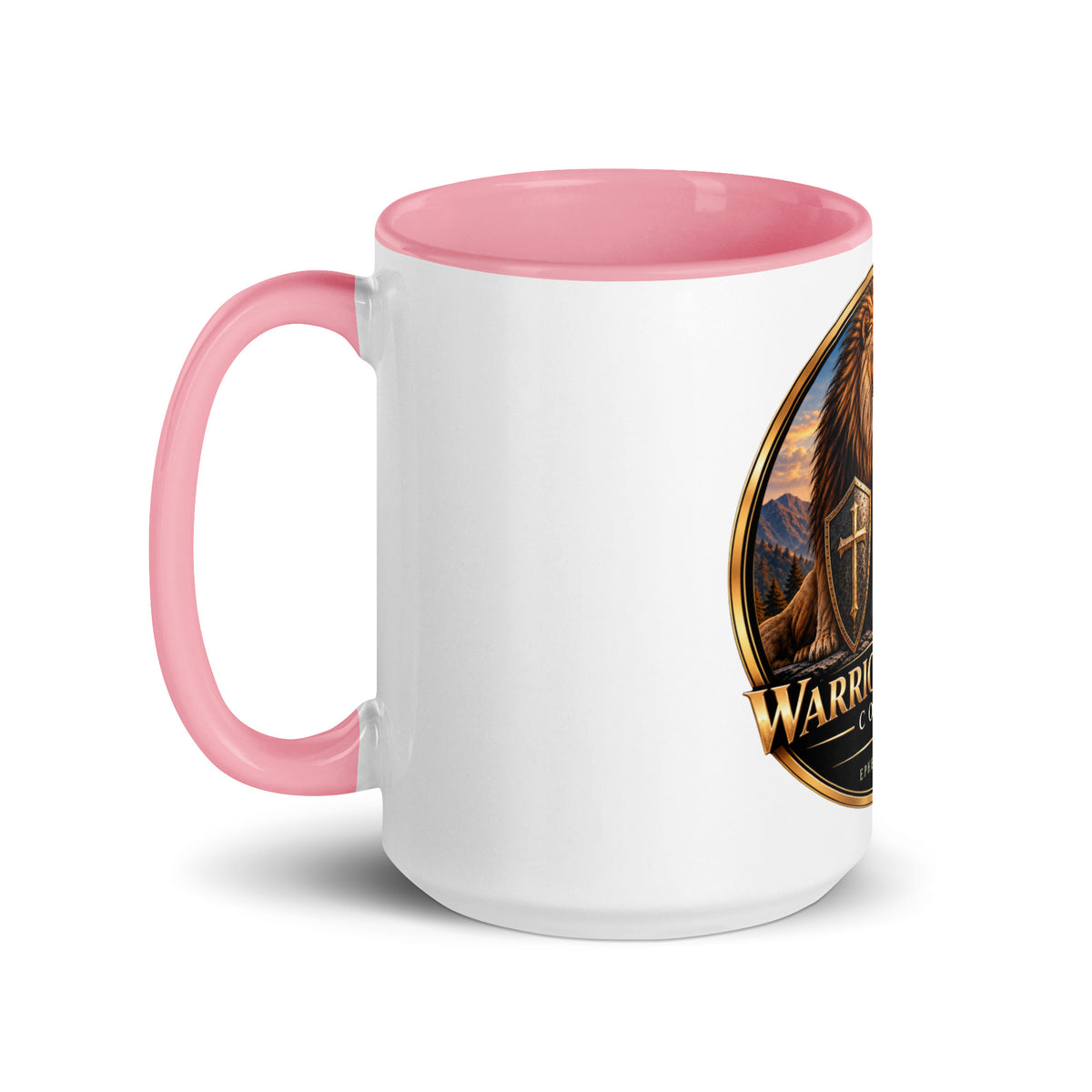 Two-Tone Warrior Mug by Warrior of God Coffee with the lion and knight crest