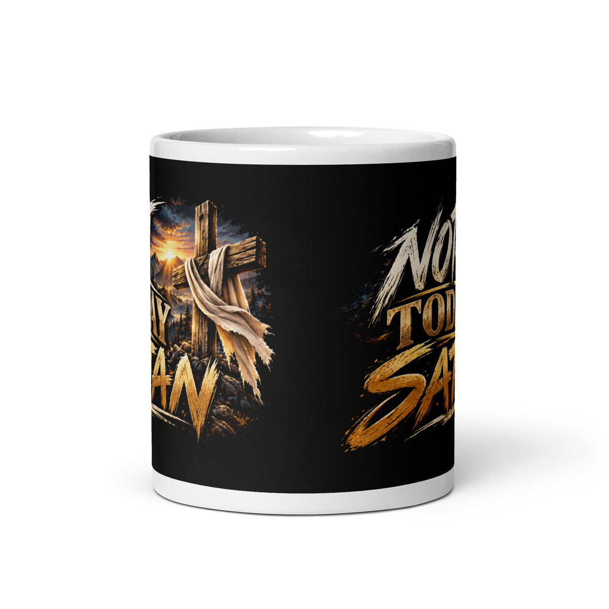 Not Today Satan Crest Mug – Brothers, front view of the black wraparound Christian coffee mug