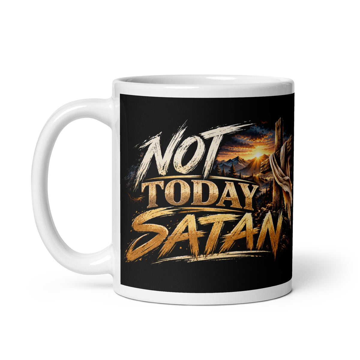 Not Today Satan Crest Mug – Brothers, back side with the same Not Today Satan cross design, handle on left