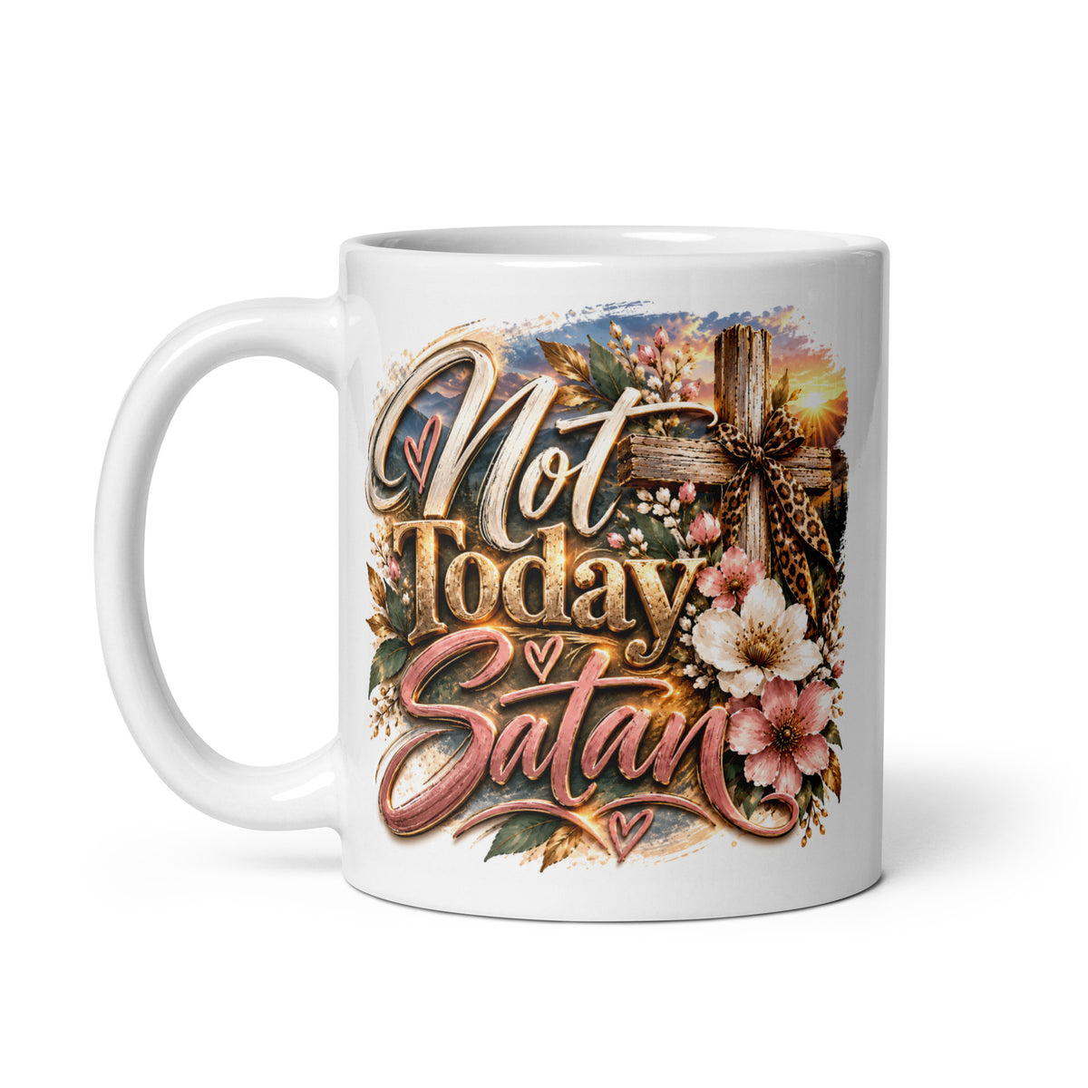 Not Today Satan Crest Mug – Sisters, other side with the same floral cross design, handle on left