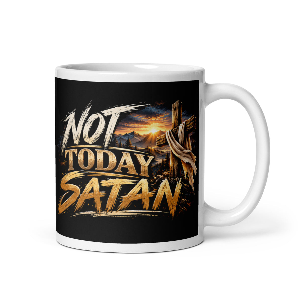 Not Today Satan Crest Mug – Brothers, black 11 oz mug with gold Not Today Satan lettering and rugged cross, handle on right
