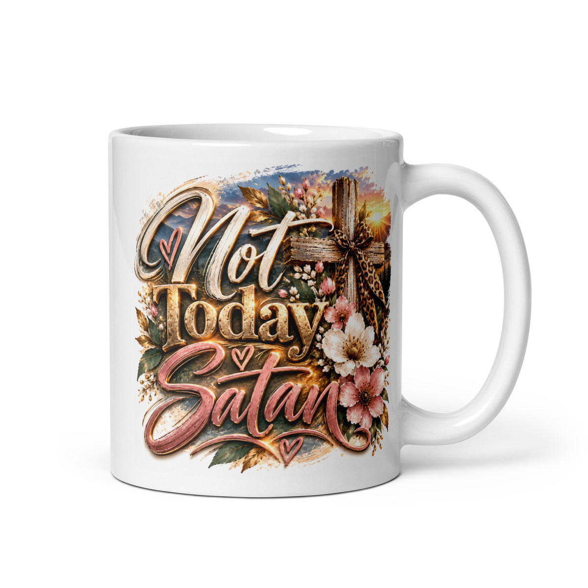 Not Today Satan Crest Mug – Sisters in 11 oz, floral Not Today Satan cross design