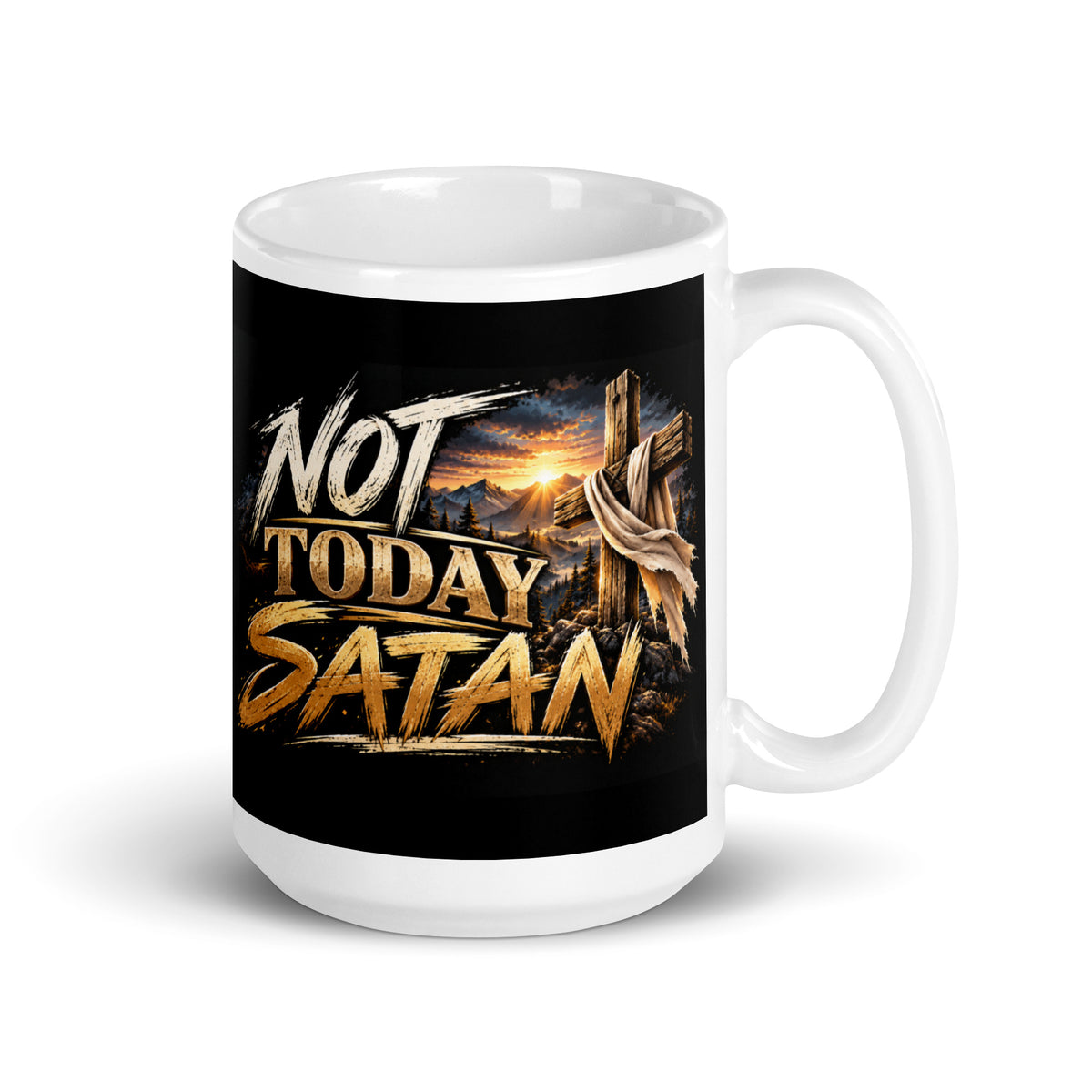 Not Today Satan Crest Mug – Brothers in 15 oz, black mug with gold Not Today Satan design