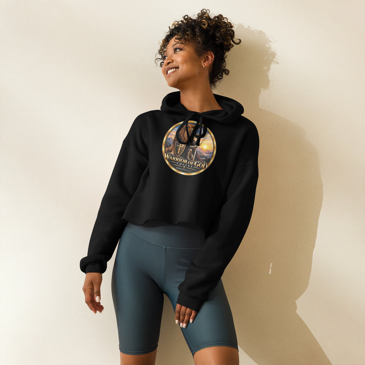Warrior Crest Women's Crop Hoodie, black, on model