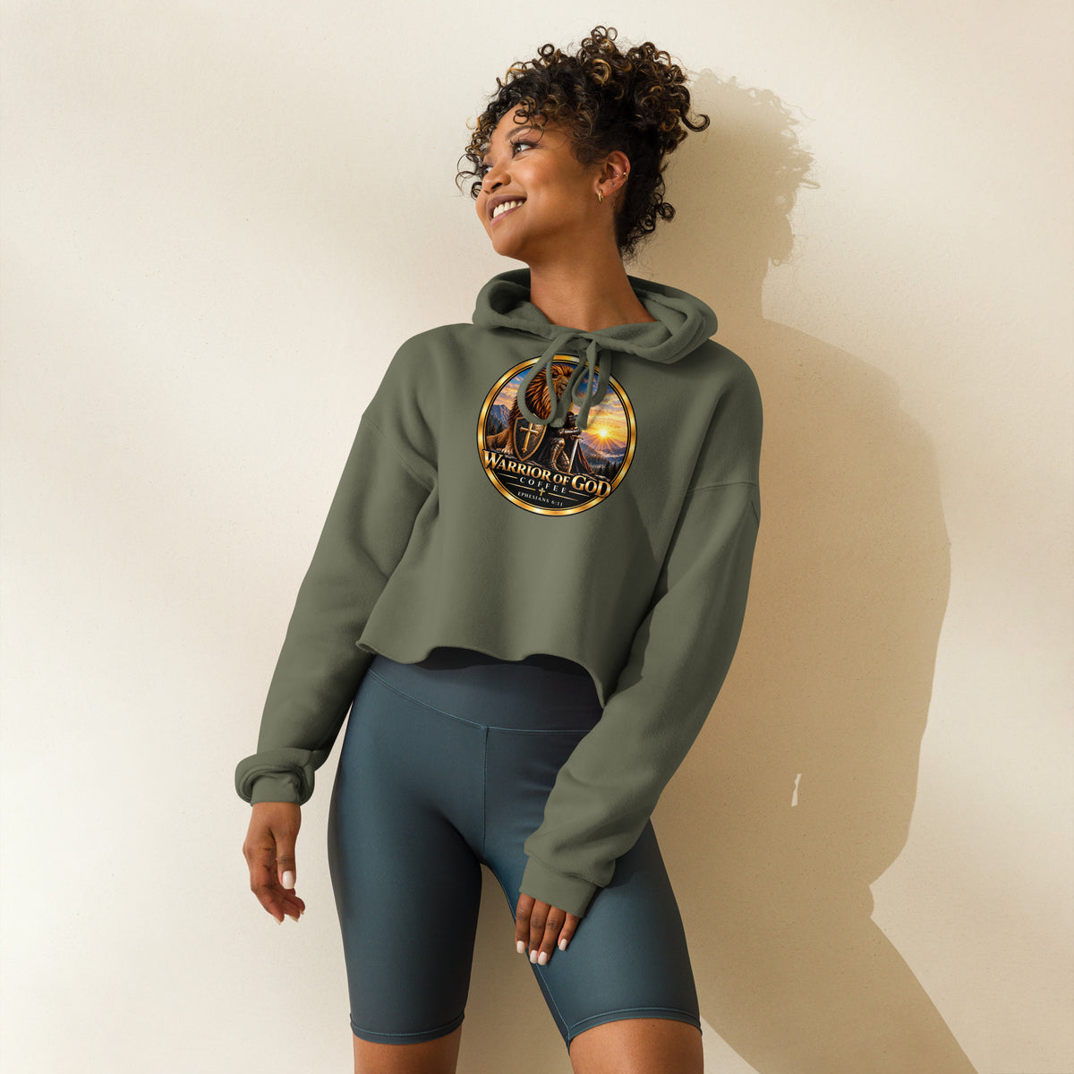 Warrior Crest Women's Crop Hoodie, military green, on model