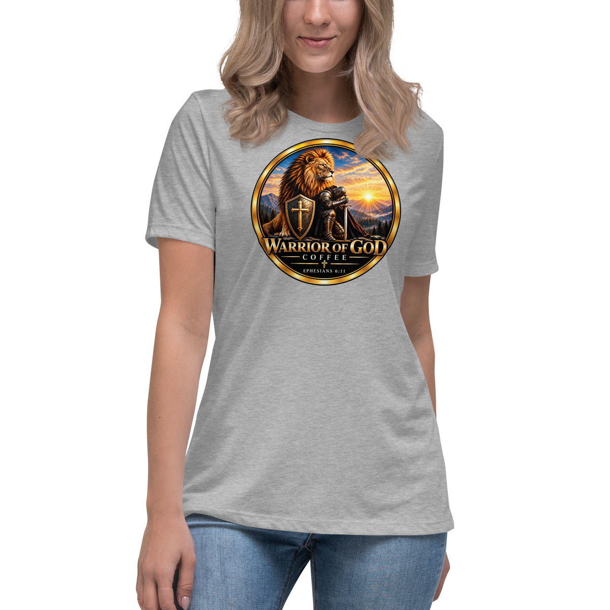Warrior Crest Women's Tee, athletic heather, on model