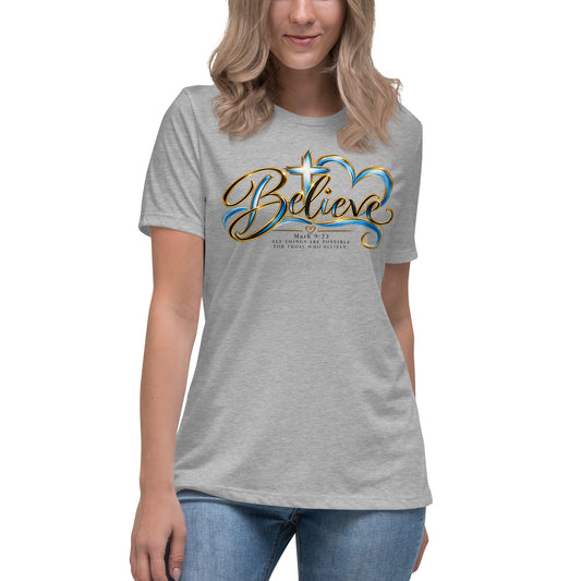 Woman wearing the Athletic Heather Believe Christian women's t-shirt by Warrior of God, front
