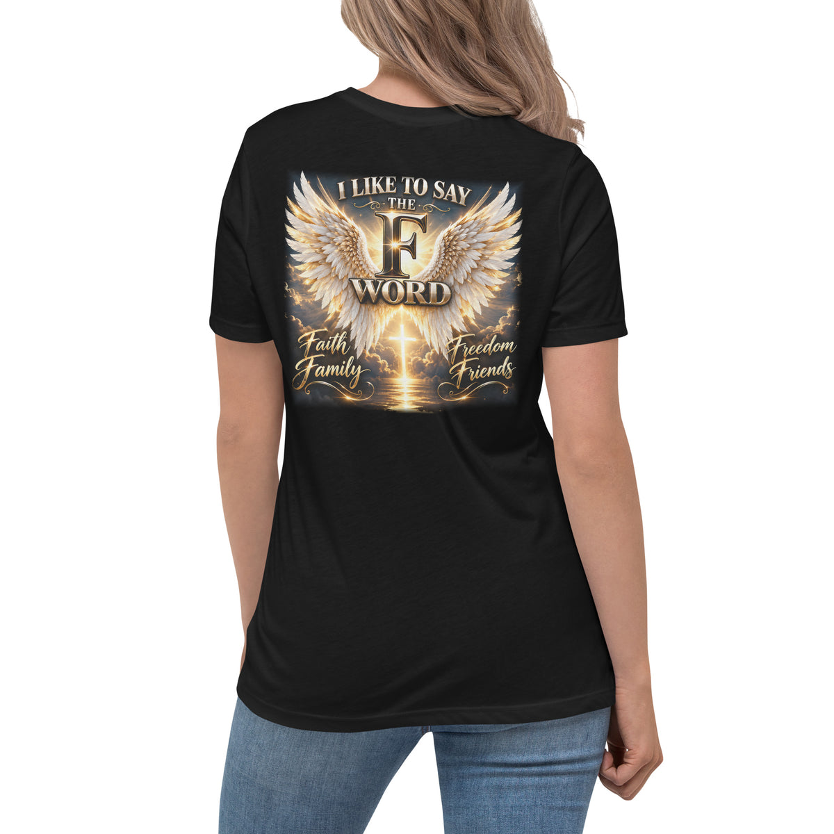 I Like to Say the F Word Women's Tee, black, back print on model
