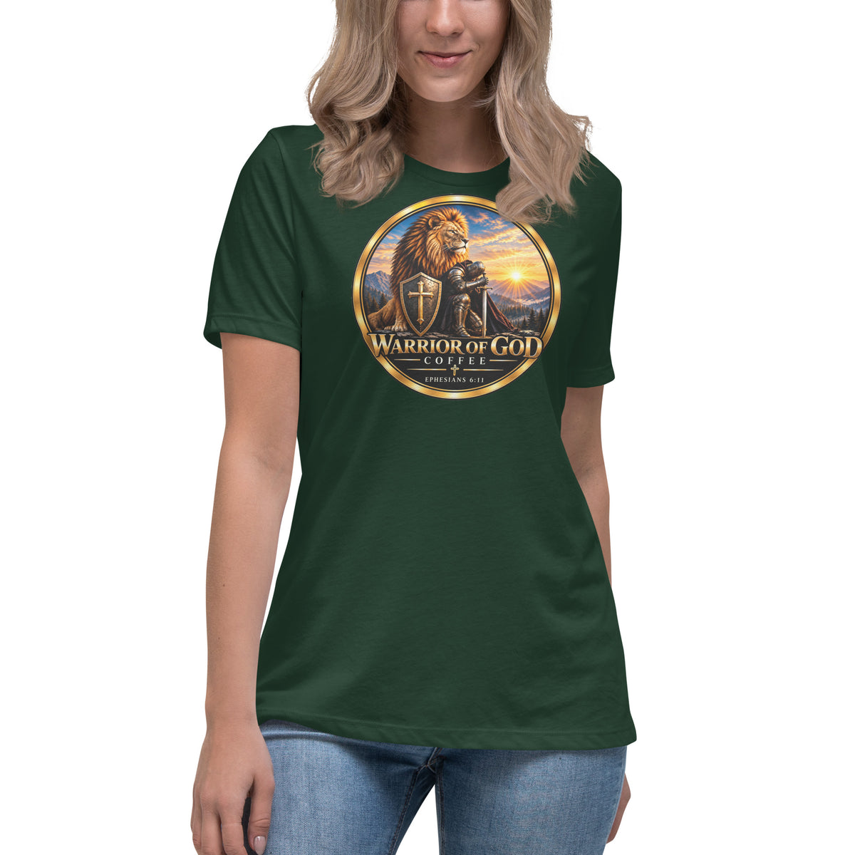 Warrior Crest Women's Tee, forest green, on model