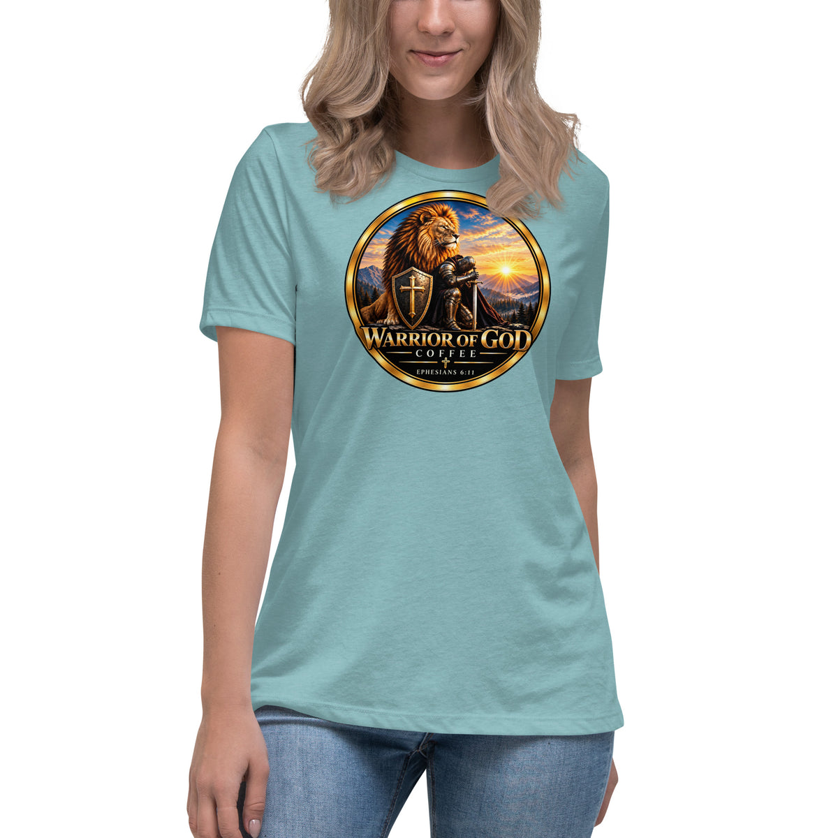 Warrior Crest Women's Tee, heather blue lagoon, on model