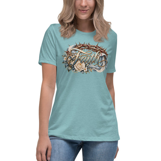 Woman wearing the Heather Blue Lagoon Faith Christian women's t-shirt by Warrior of God, front