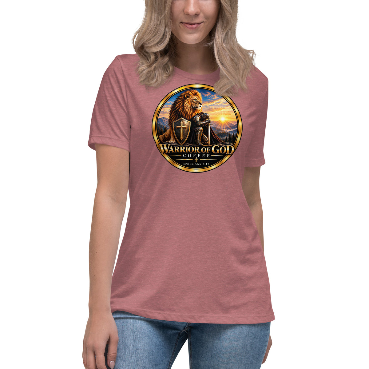 Warrior Crest Women's Tee, heather mauve, on model