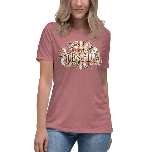 Woman wearing the Heather Mauve Yeshua Christian women's t-shirt by Warrior of God, front