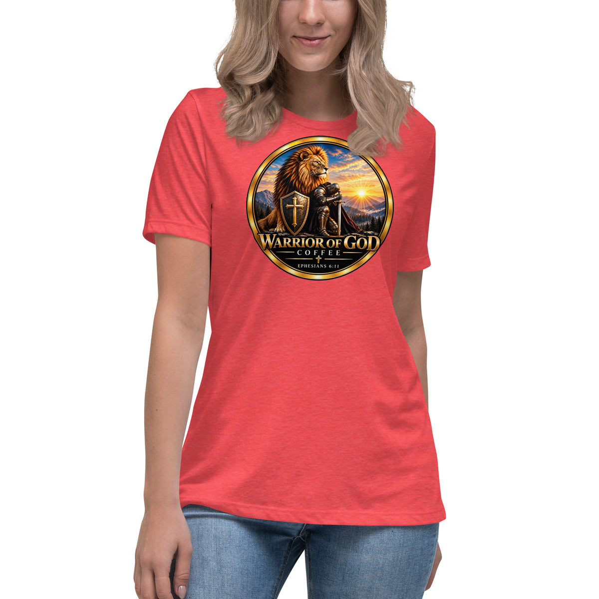 Warrior Crest Women's Tee, heather red, on model